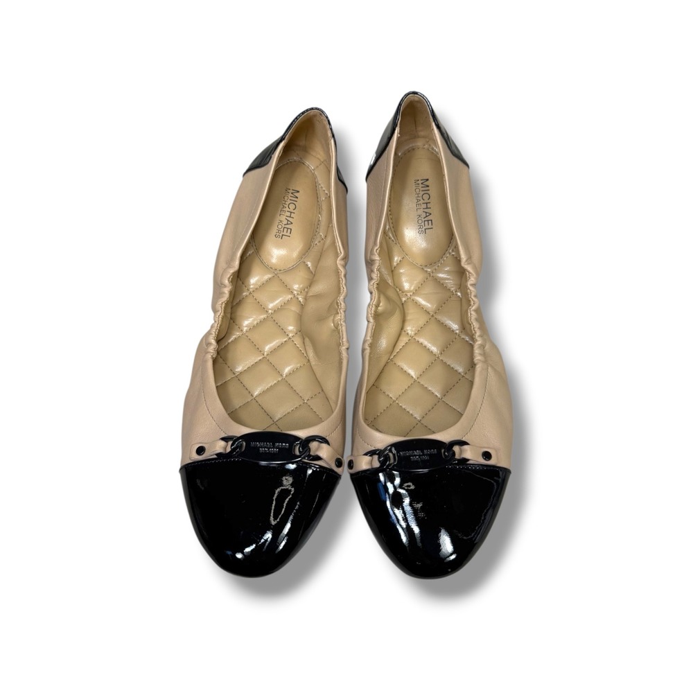 Michael Kors City Ballet Flats Toffee Beige Black Leather Cap Toe Women's 10M